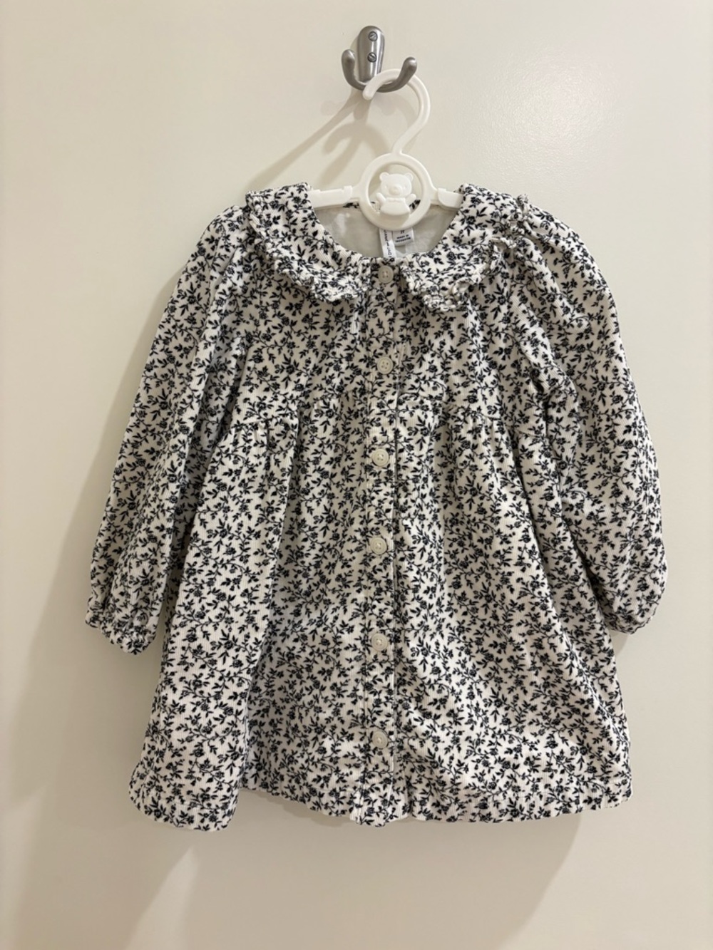 Janie and Jack Soft Corduroy Cream and Black Floral Long-Sleeve Dress